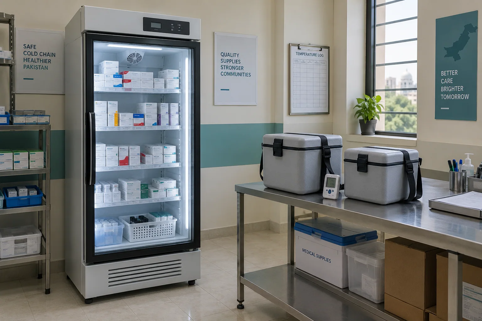 Medical refrigerator and insulated transport boxes in a pharmaceutical cold-chain room