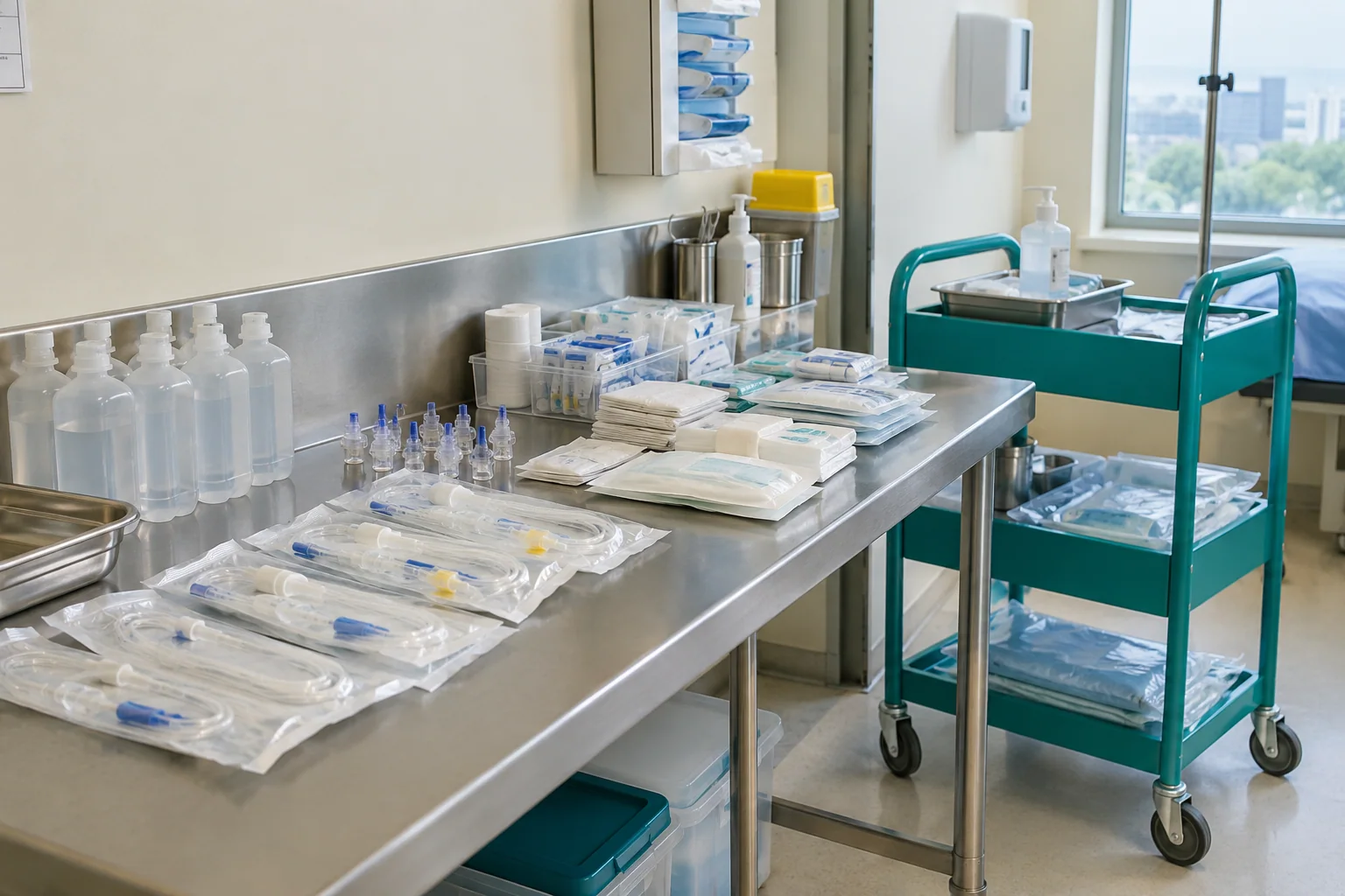 Complete medical supplies arranged on a sterile preparation workbench