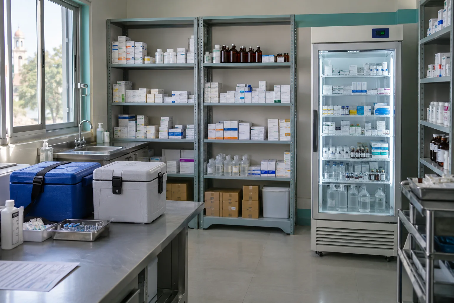 Organised institutional pharmaceutical storage and packing area