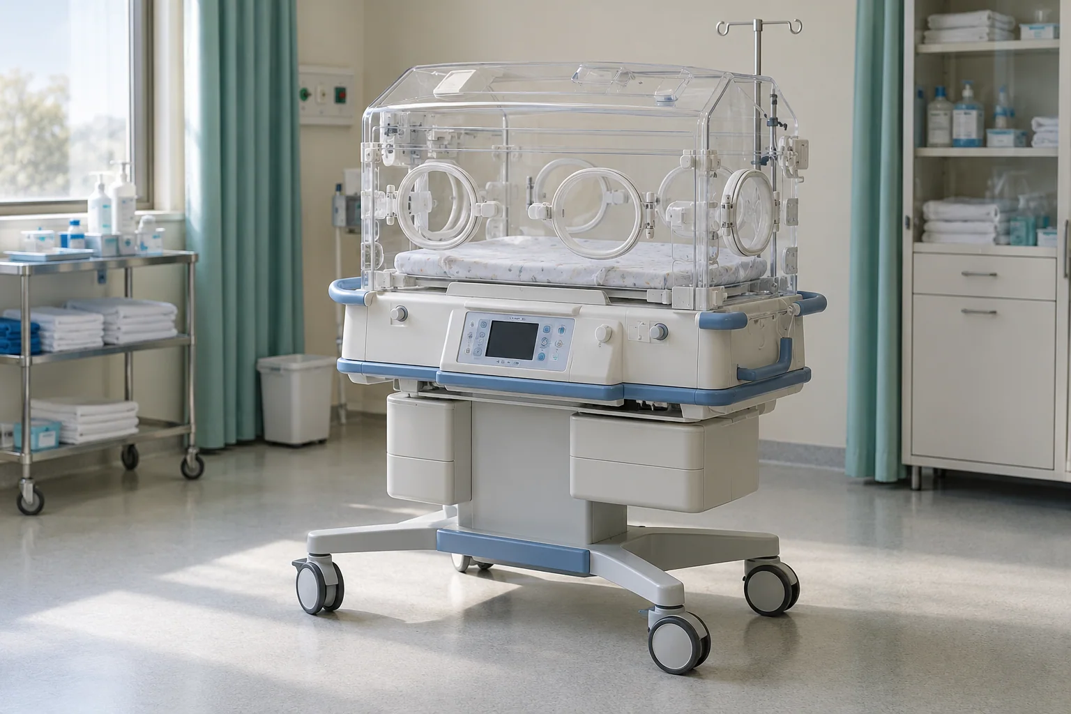 Complete infant incubator on its mobile base in a neonatal equipment bay