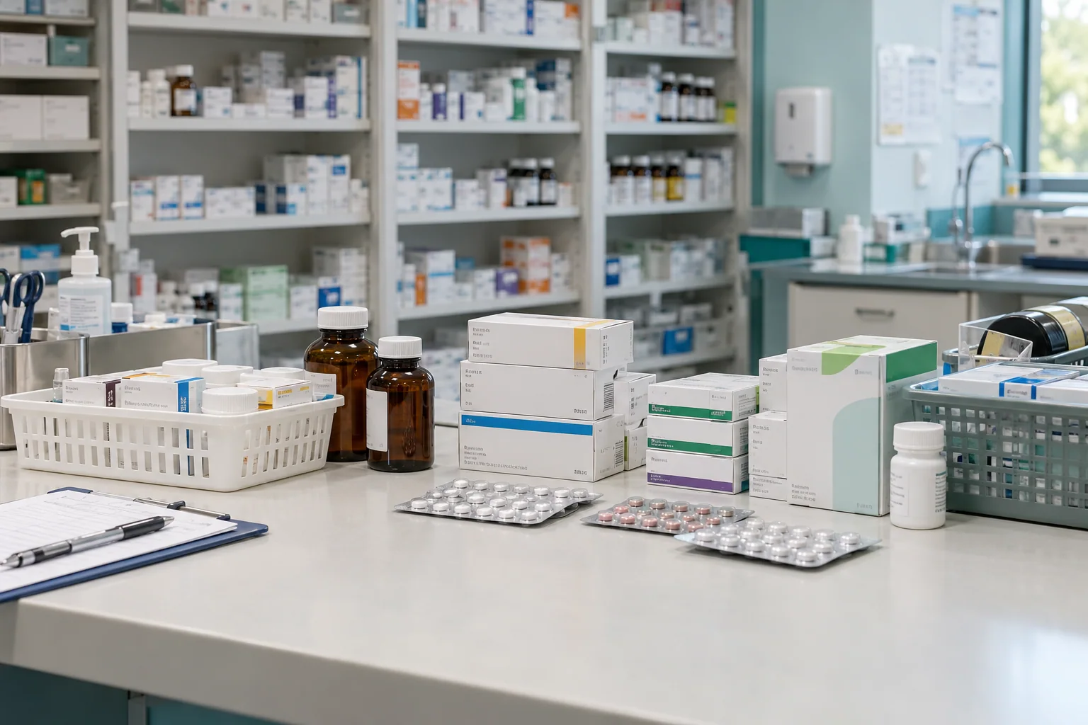 Organised hospital pharmacy supplies on a clean dispensing workbench