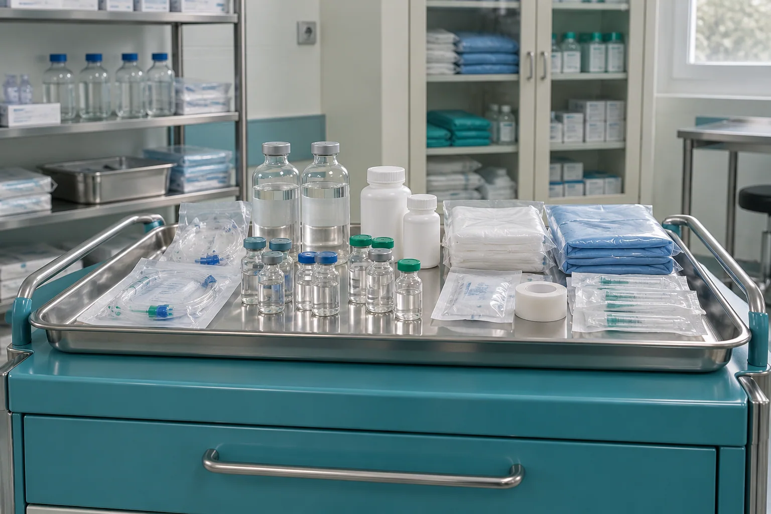 Sealed pharmaceutical vials and bottles prepared on a theatre supply tray