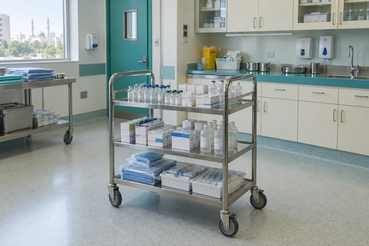 Complete pharmaceutical supply trolley in a perioperative preparation room