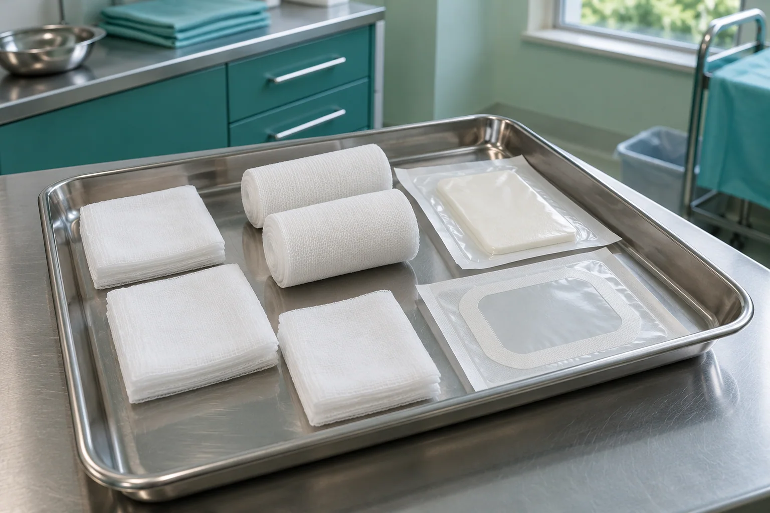 Gauze, foam dressings and bandage rolls arranged on a clinical preparation tray