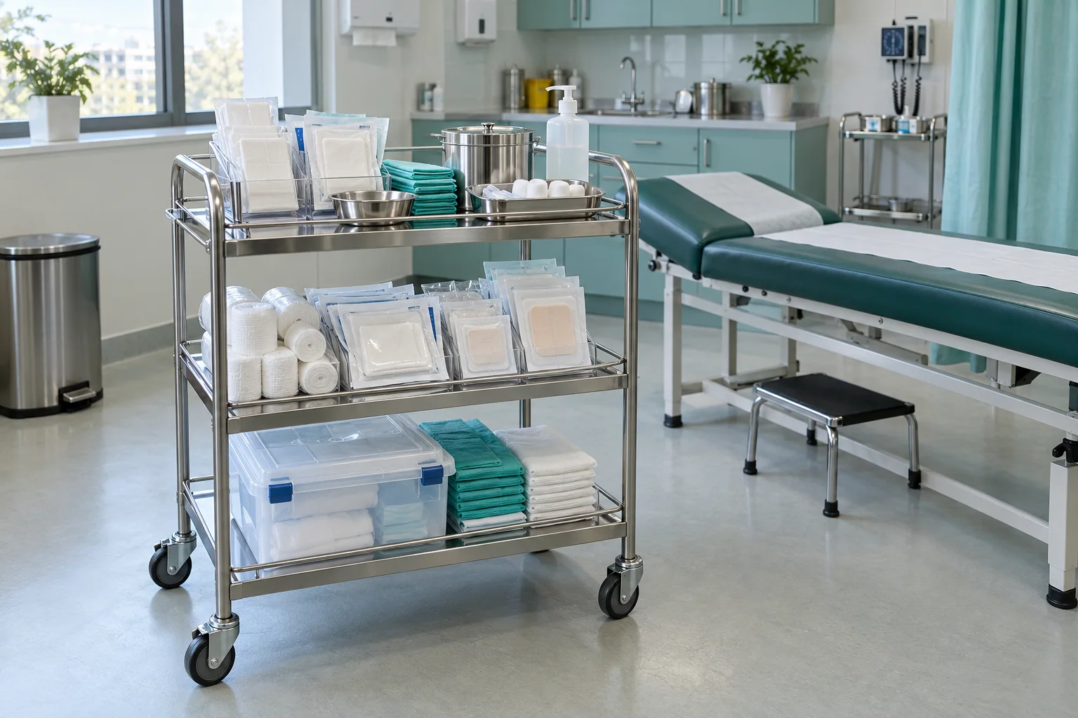 Complete dressing trolley with bandages and sealed wound-care supplies in a clinical treatment room