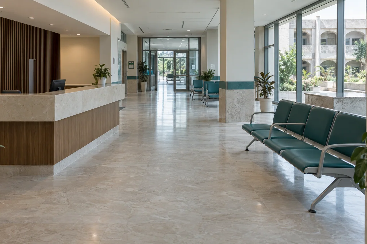 Daylit healthcare reception with teal waiting seats
