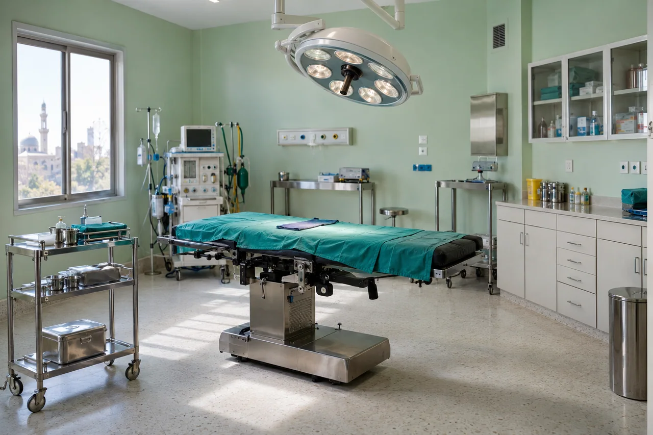 Complete surgical procedure room with operating table and lights