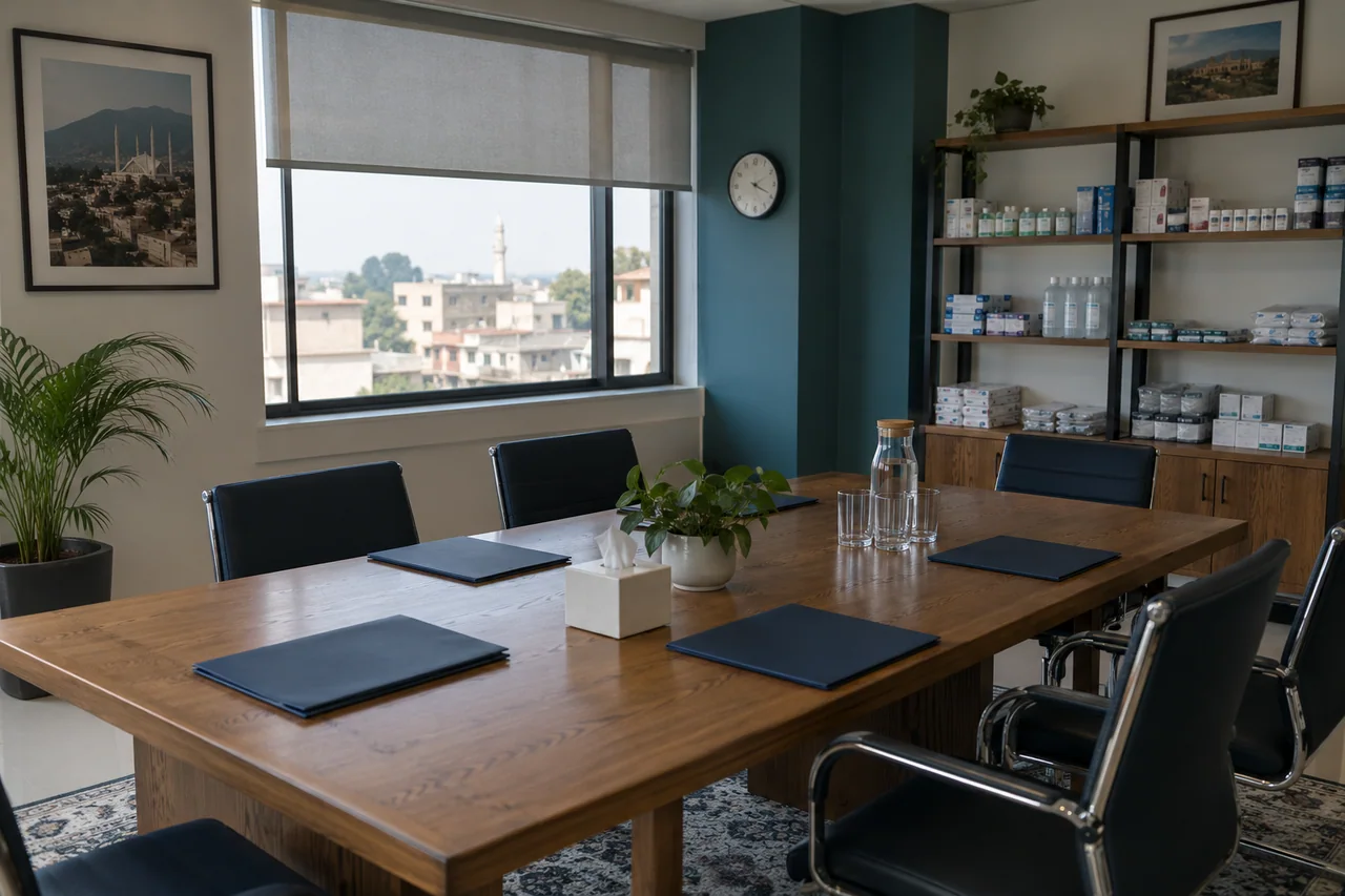 Healthcare business meeting room with a complete table and sample shelving