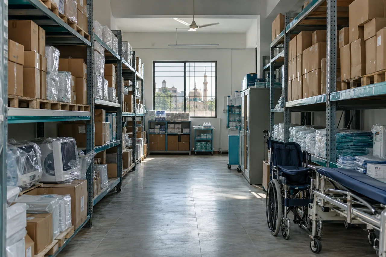 Organised healthcare supply warehouse aisle
