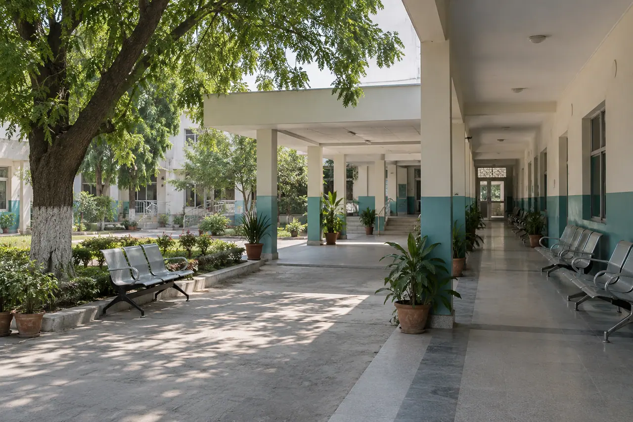 District hospital courtyard and covered outpatient entrance