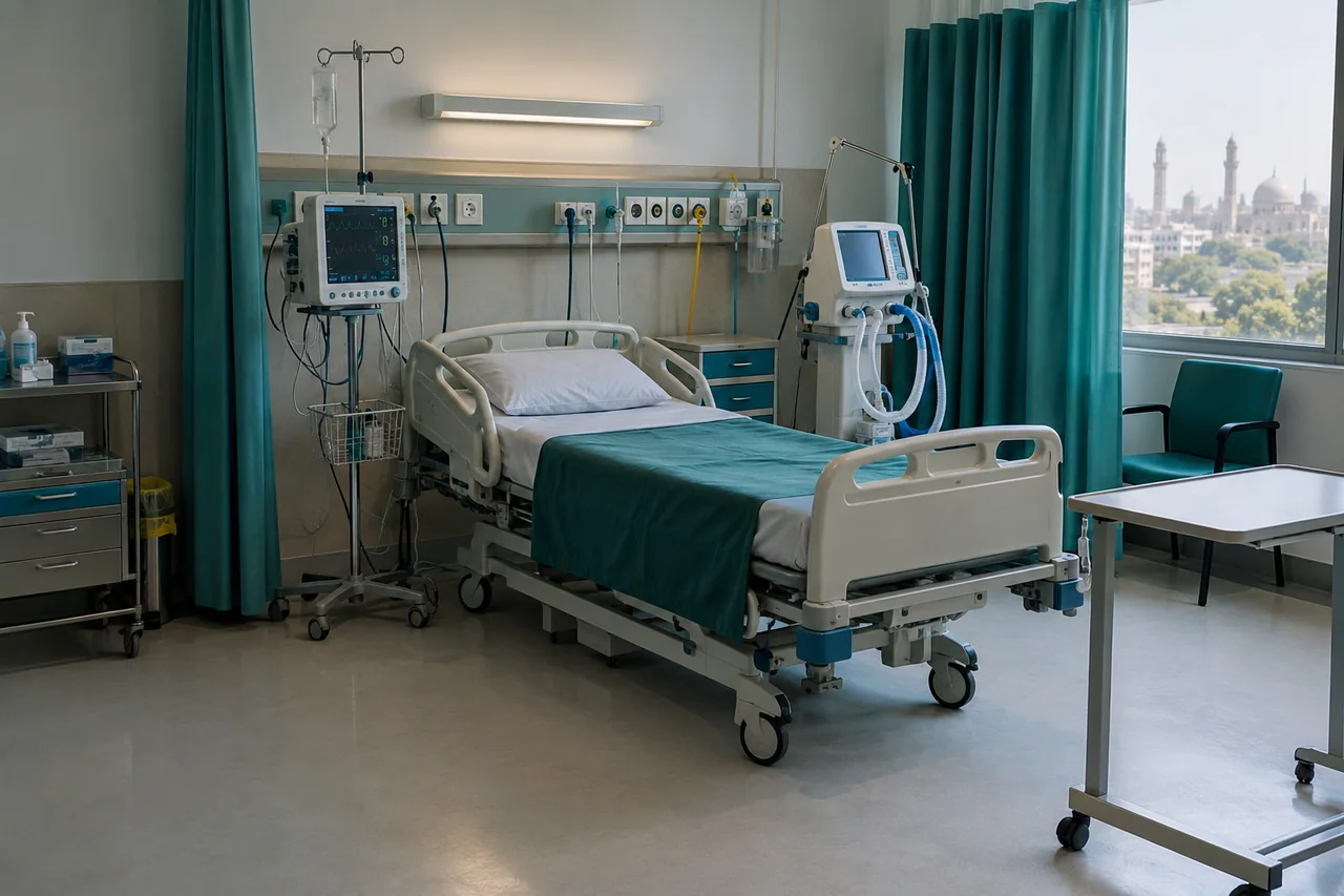 Complete intensive care bay with hospital bed and monitoring equipment