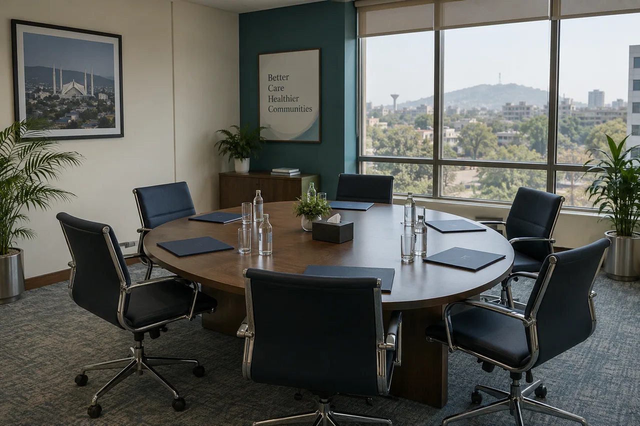 Professional boardroom with seven seats around a complete meeting table