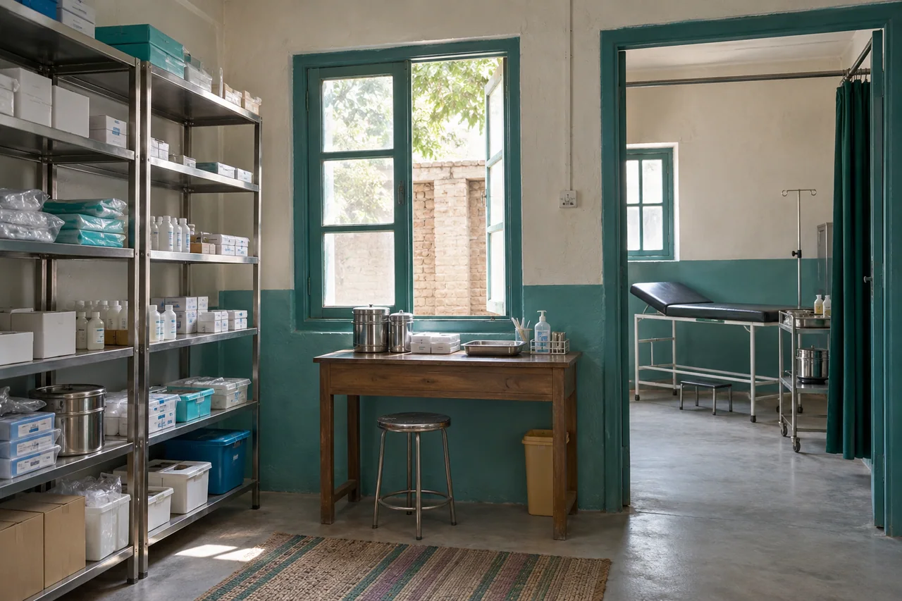 Rural healthcare clinic with an organised medical supply room