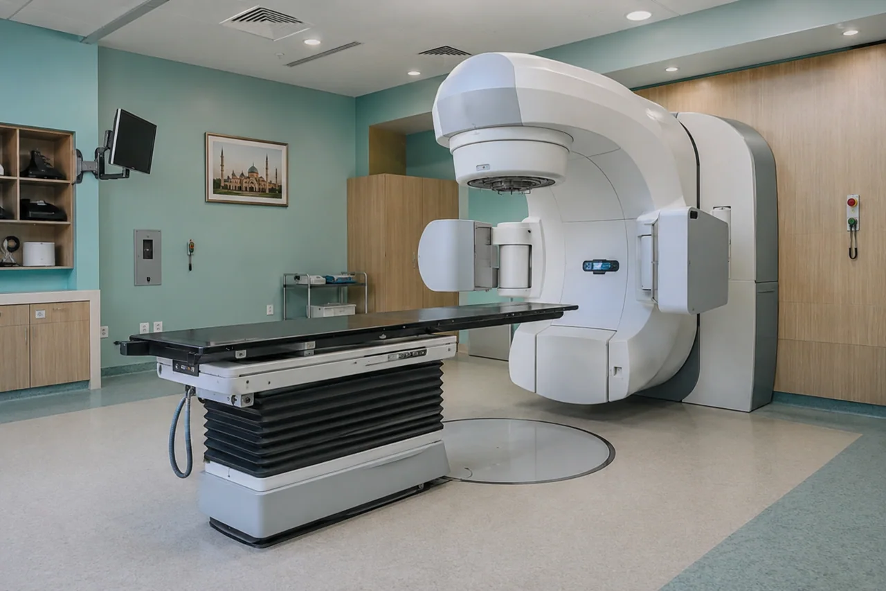Radiotherapy room with treatment system and complete patient couch
