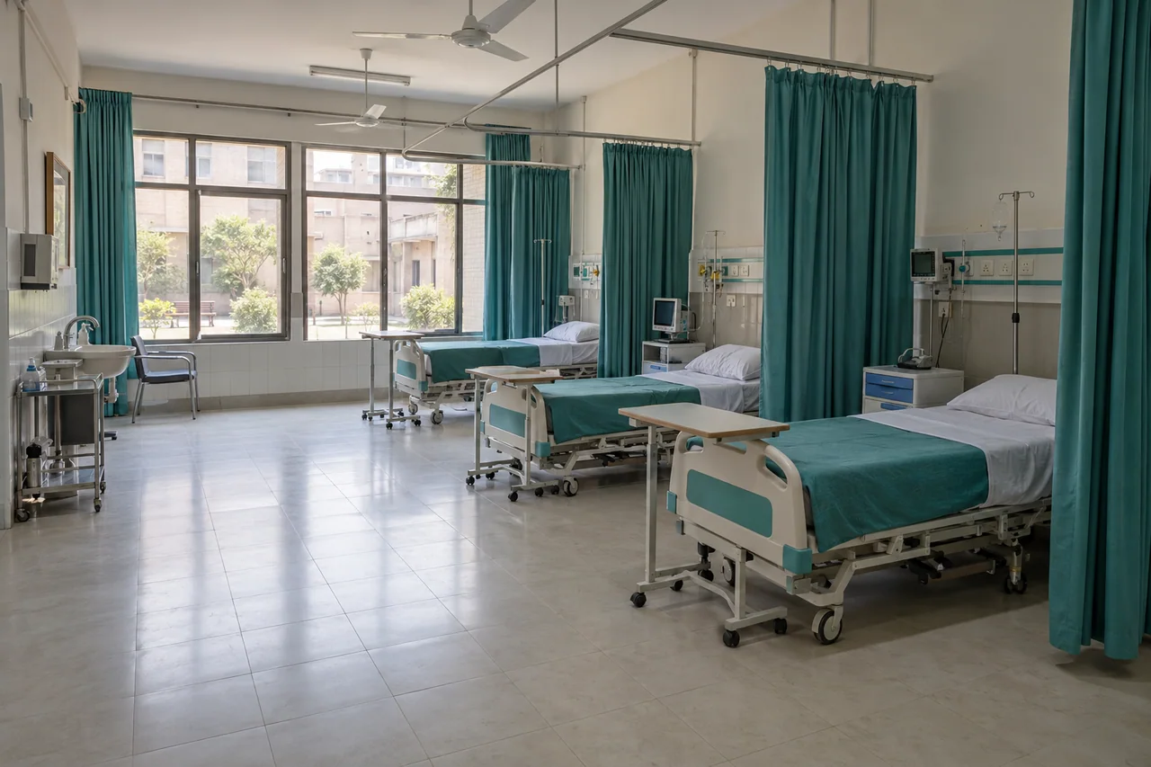 Daylit hospital ward with beds and teal curtains